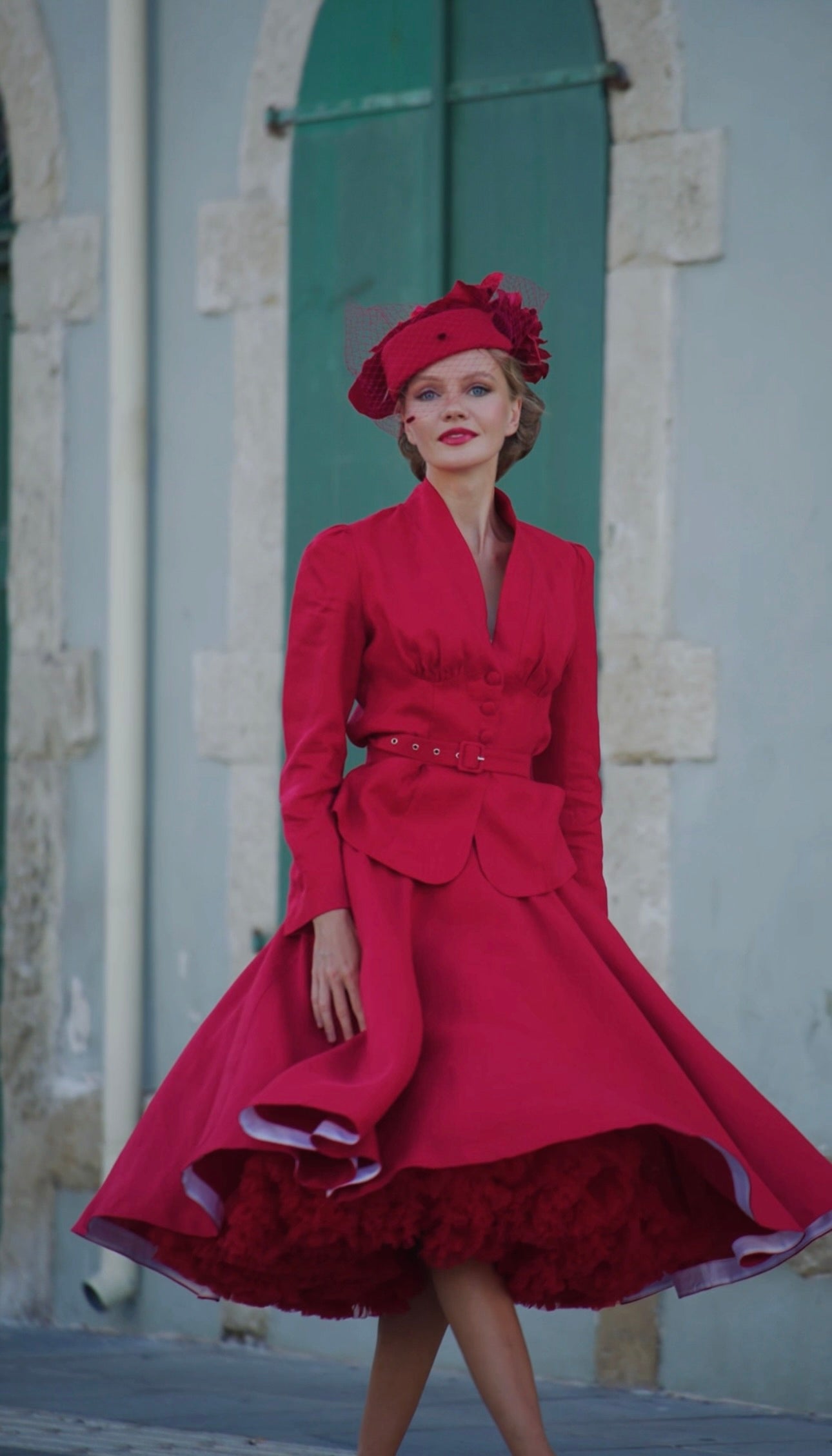 Women's V-Neck Blazer and A-Line Midi Skirt Vintage Inspired Linen Qutfit 6452