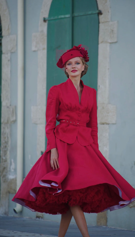 Women's V-Neck Blazer and A-Line Midi Skirt Vintage Inspired Linen Qutfit 6452