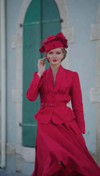 Red Linen V-Neck Blazer and A-Line Midi Skirt - Vintage-Inspired Elegance 6452