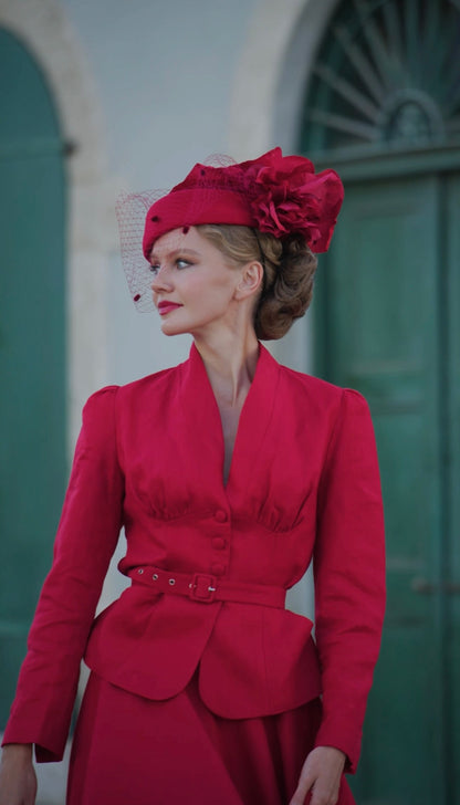 Red Linen V-Neck Blazer and A-Line Midi Skirt - Vintage-Inspired Elegance 6452