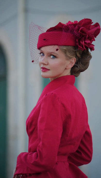 Red Linen V-Neck Blazer and A-Line Midi Skirt - Vintage-Inspired Elegance 6452
