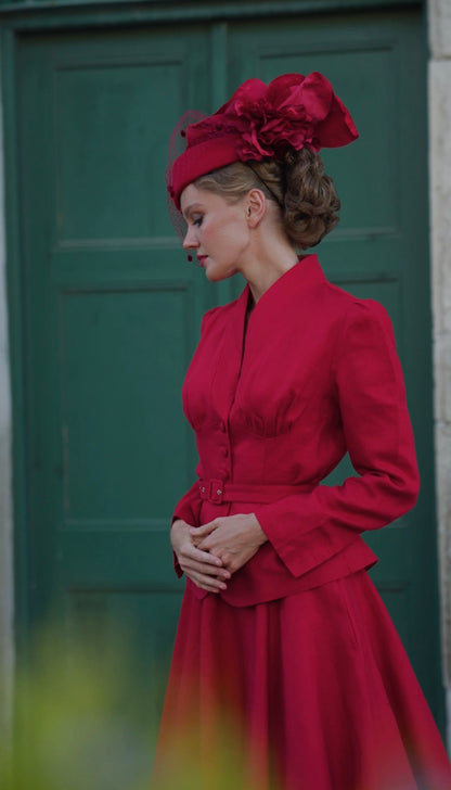 Red Linen V-Neck Blazer and A-Line Midi Skirt - Vintage-Inspired Elegance 6452