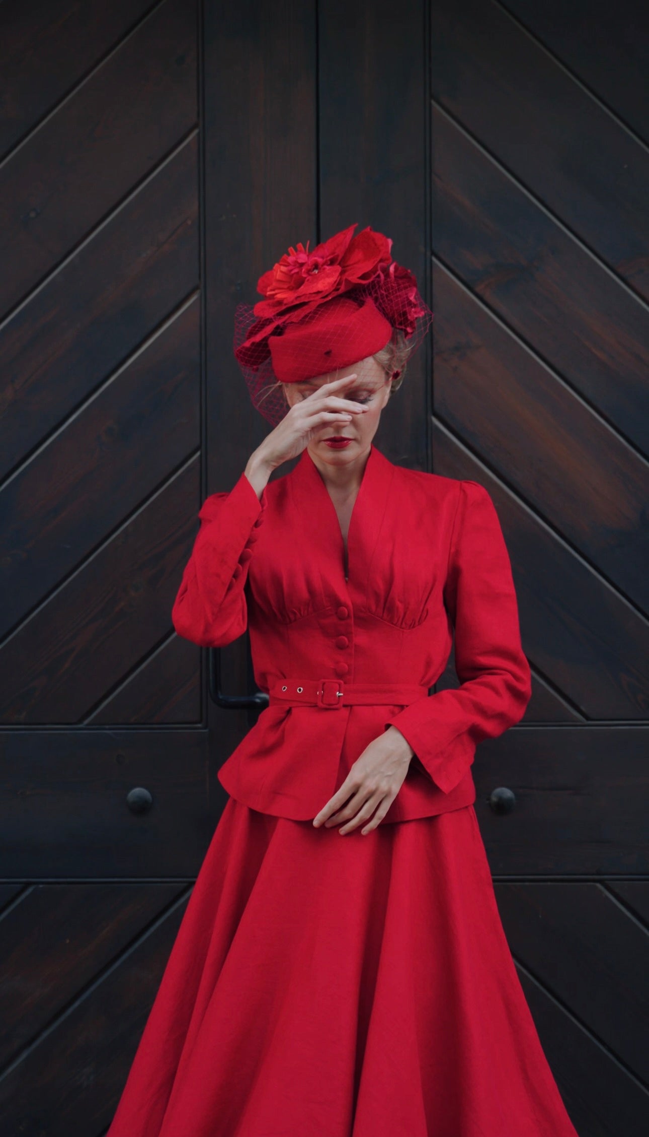 Women's V-Neck Blazer and A-Line Midi Skirt Vintage Inspired Linen Qutfit 6452