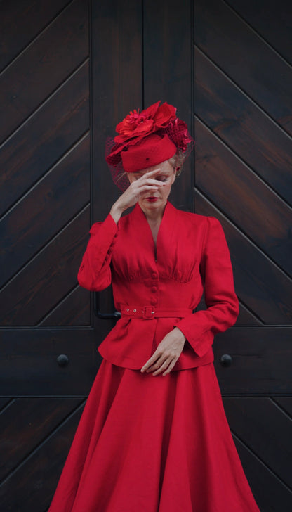 Red Linen V-Neck Blazer and A-Line Midi Skirt - Vintage-Inspired Elegance 6452