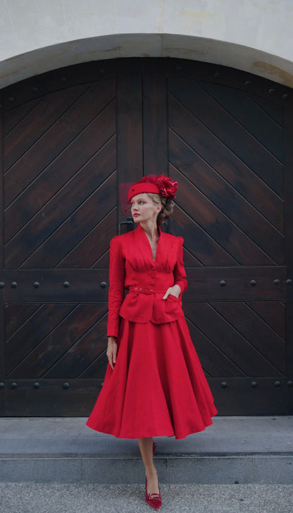 Red Linen V-Neck Blazer and A-Line Midi Skirt - Vintage-Inspired Elegance 6452