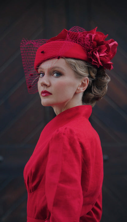 Red Linen V-Neck Blazer and A-Line Midi Skirt - Vintage-Inspired Elegance 6452
