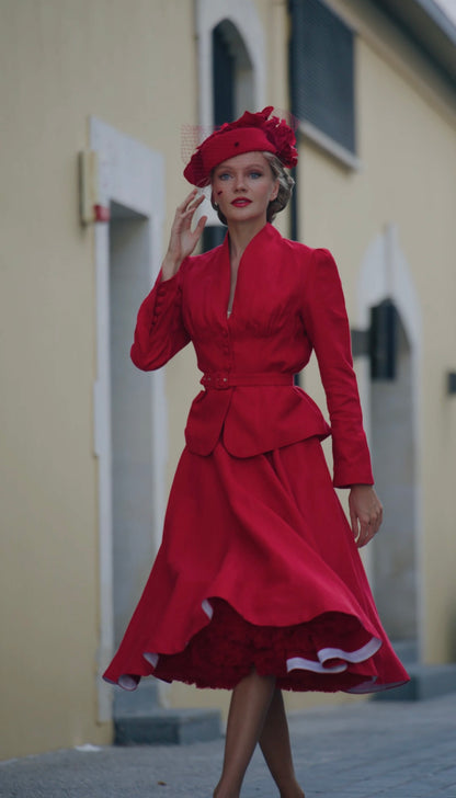 Red Linen V-Neck Blazer and A-Line Midi Skirt - Vintage-Inspired Elegance 6452