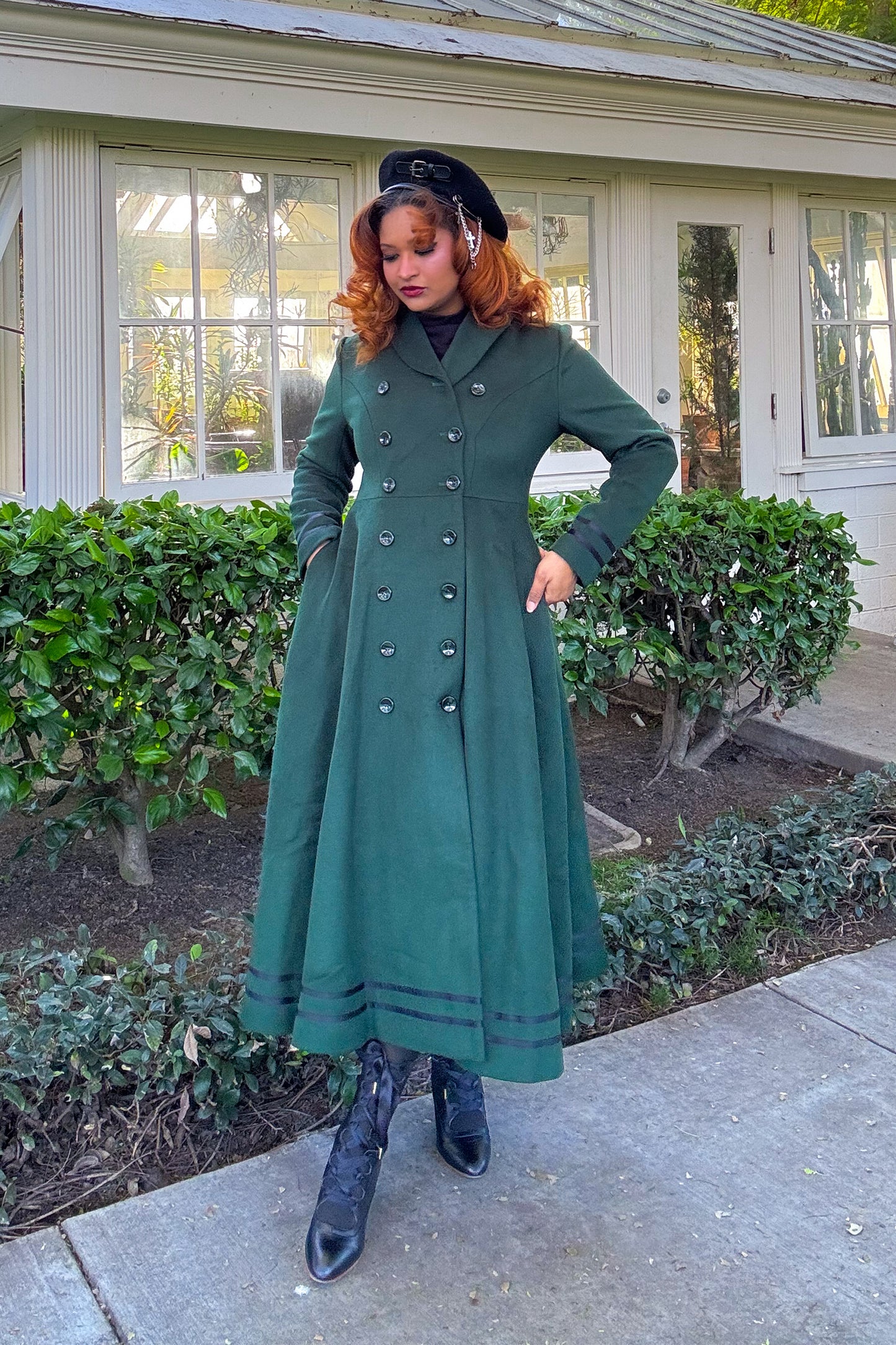 Dark Green Swing Wool Coat women 4891