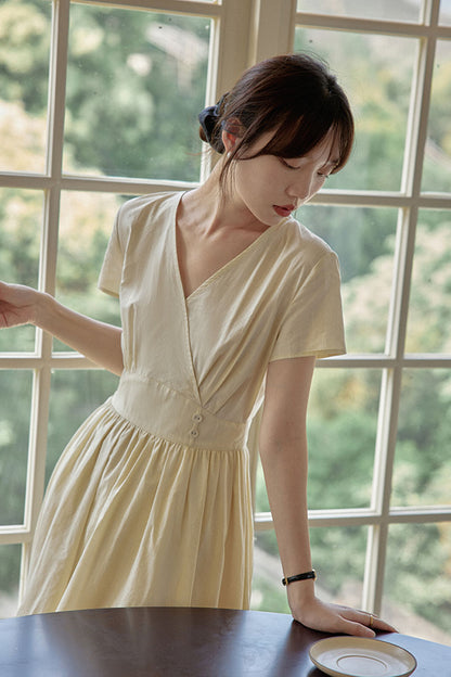High Waist Cotton Dress - V-Neck, Short Sleeve, Button Detail 4311