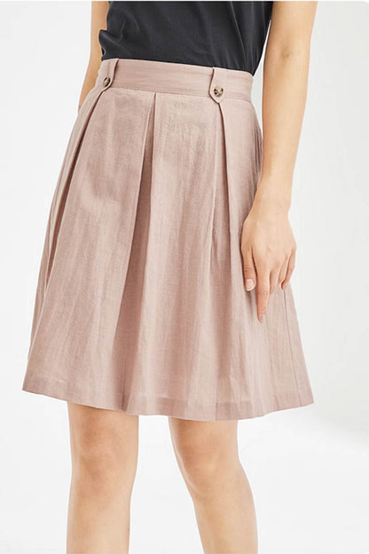 Blush Pink Linen A-Line Pleated Skirt - Soft Lined with Pockets 4354