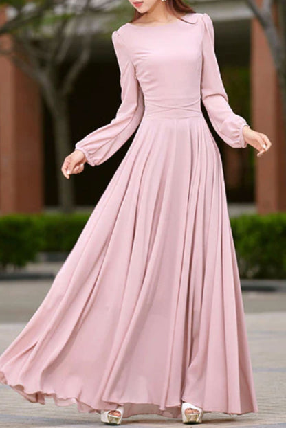 Pink Chiffon Maxi Dress - Long Sleeve Swing Silhouette 2623