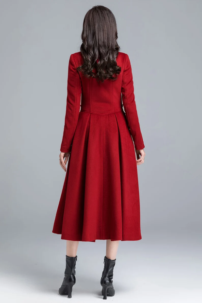 Red Wool Coat Dress – Vintage High Neck Fit-and-Flare Long Winter Overcoat 2482