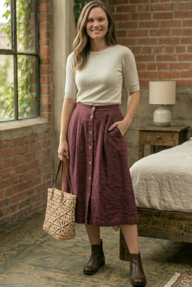 Woman standing in a bedroom with brick walls and a bed, holding a woven bag.