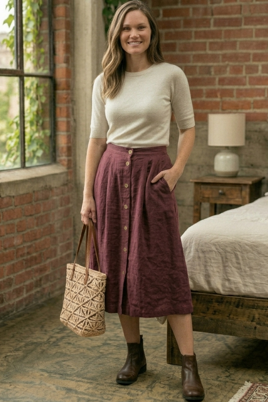 Woman standing in a bedroom with brick walls and a bed, holding a woven bag.