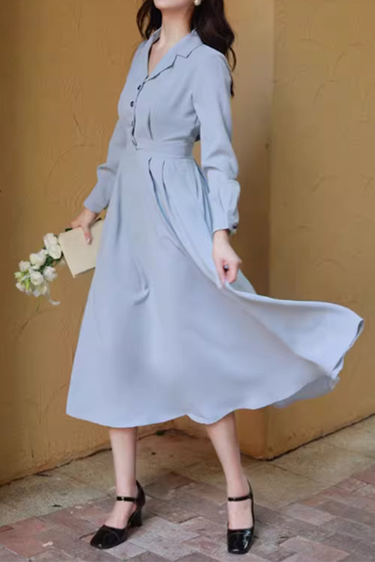 Blue swing long sleeves shirt dress women 4882