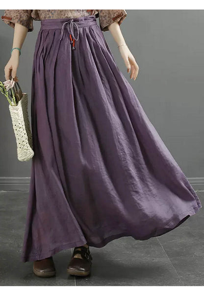 White Linen Maxi Skirt - Elastic Waist A-Line Flow 4345
