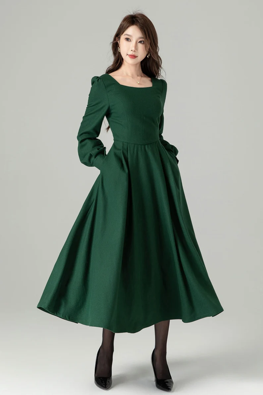 Green wool dress, Long wool dress 4492