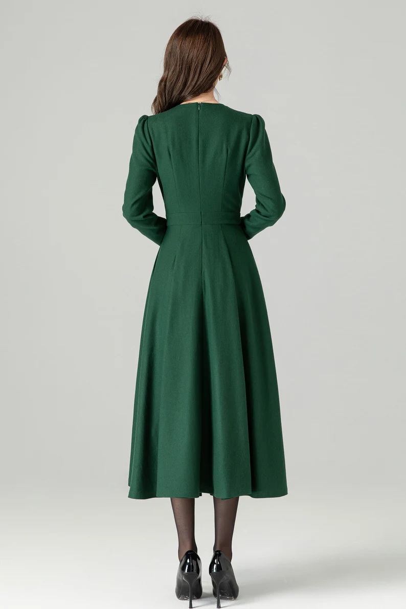 Green Wool Dress, Fit and Flare Wool Dress 4494 – XiaoLizi