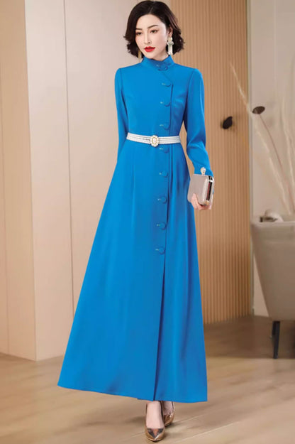 Blue Polyester Maxi Dress - Stand Up Neckline, Fit and Flare 4787