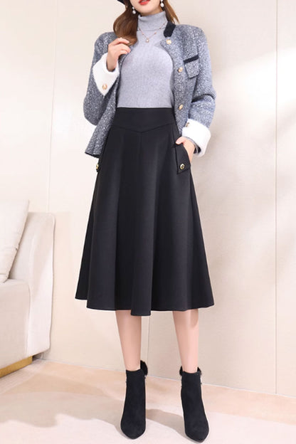 Brown Wool A-Line Midi Skirt - Warm with Pockets 4751