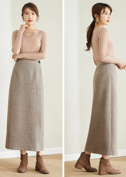Beige Wool Wrap Skirt – Handmade High Waist Winter Maxi | Xiaolizi 3862
