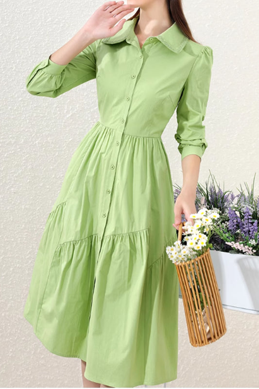 Green button up shirt dress women 4884