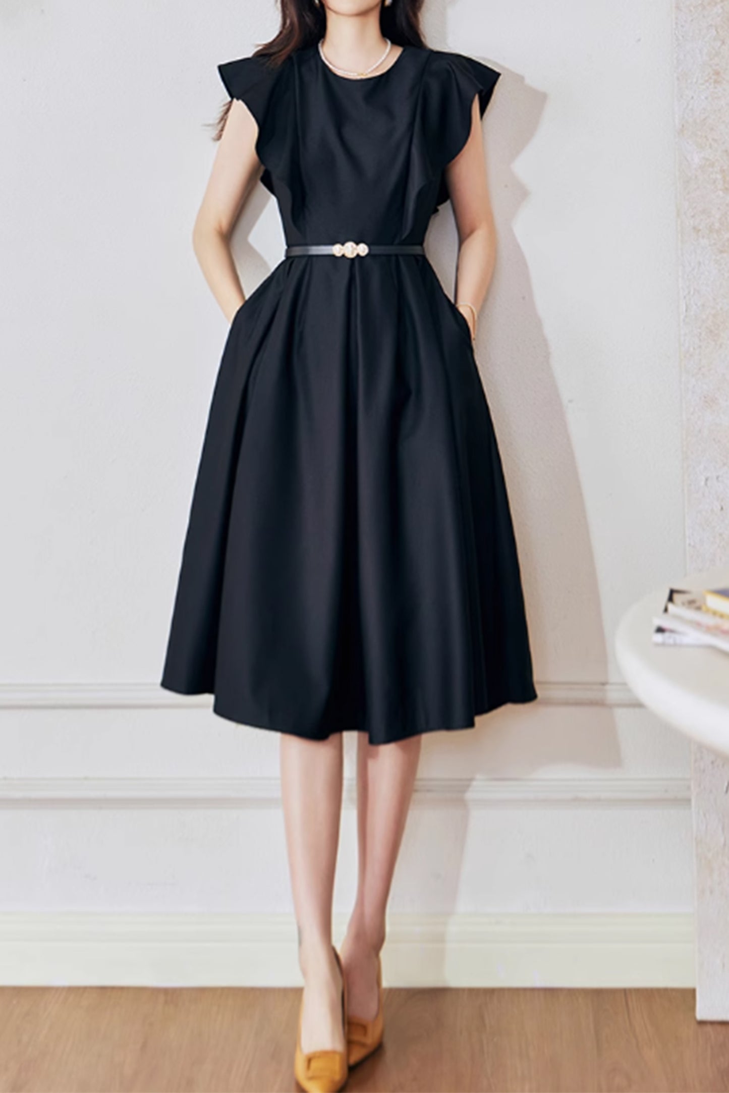 Knee length elegant summer dresses with ruffle sleeves 4859
