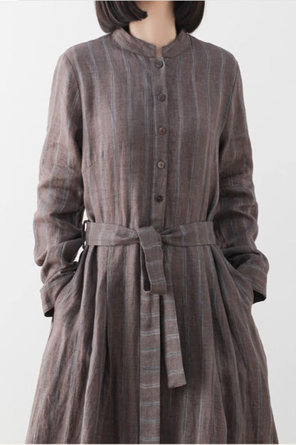 Brown Linen Maxi Dress - Banded Neckline with Pockets 4828