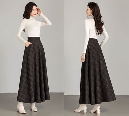 Black Wool A-Line Maxi Skirt - Elastic Waist with Pockets 4672-4