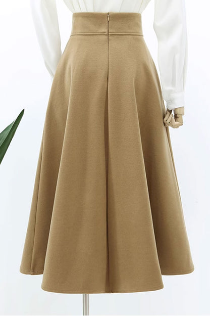 Beige Wool A-Line Skirt - Pleated Flared Winter Essential 4766
