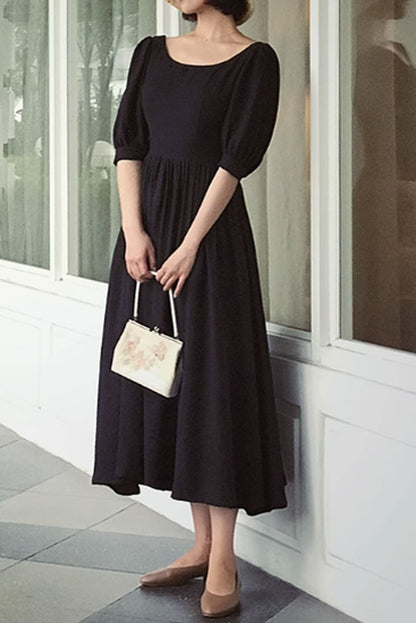 Black Cotton Fit and Flare Dress - White Collar Detail 4848