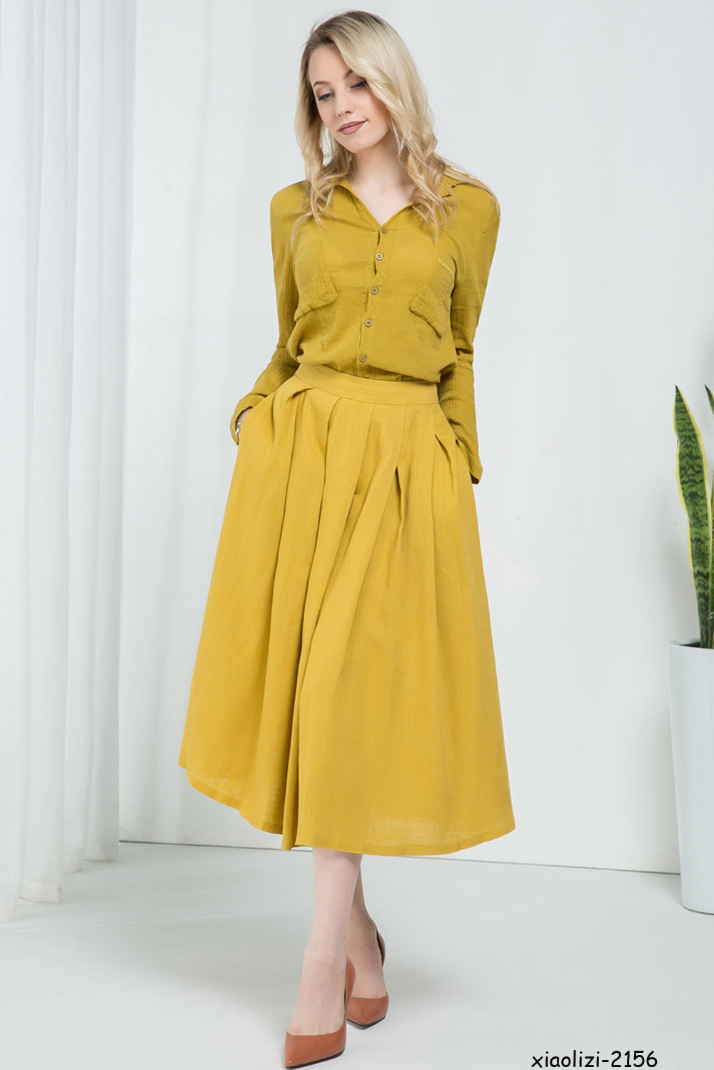 Blue Linen Cotton Blend A-Line Midi Skirt - Pleated Elegance 1591