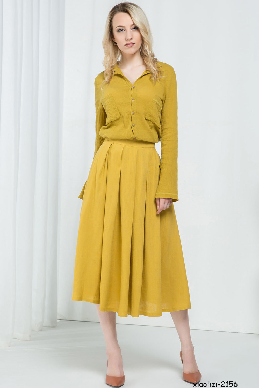 Blue Linen Cotton Blend A-Line Midi Skirt - Pleated Elegance 1591