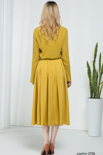 Blue Linen Cotton Blend A-Line Midi Skirt - Pleated Elegance 1591