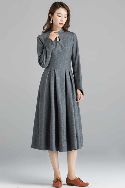 Gray Wool Midi Dress - 1950s Retro Fit and Flare 2403