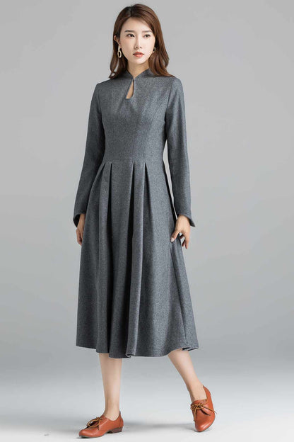 Gray Wool Midi Dress - 1950s Retro Fit and Flare 2403