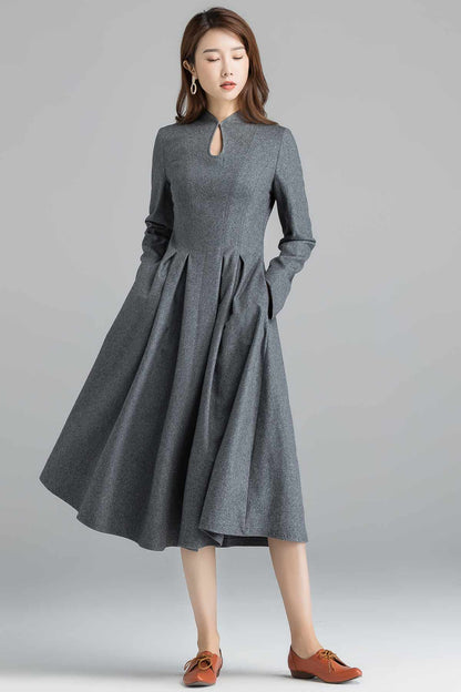 Gray Wool Midi Dress - 1950s Retro Fit and Flare 2403