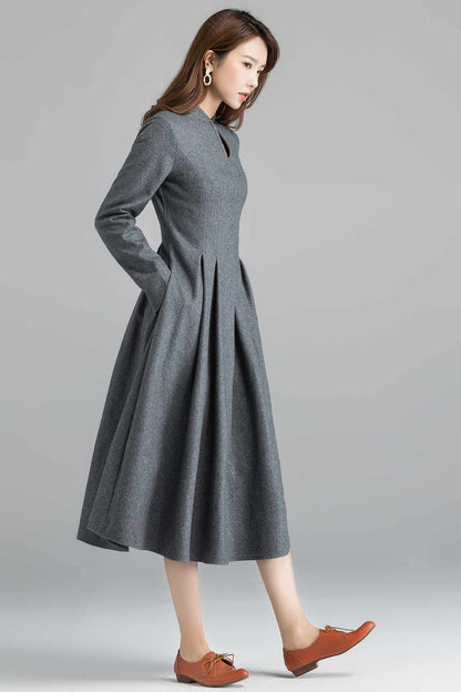 Gray Wool Midi Dress - 1950s Retro Fit and Flare 2403