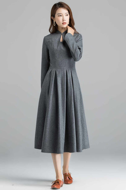 Gray Wool Midi Dress - 1950s Retro Fit and Flare 2403