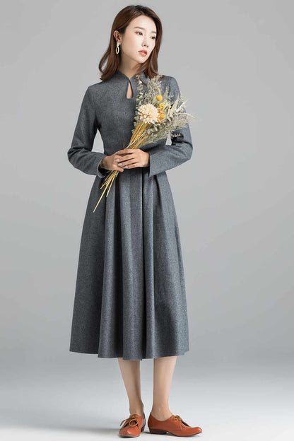 Gray Wool Midi Dress - 1950s Retro Fit and Flare 2403