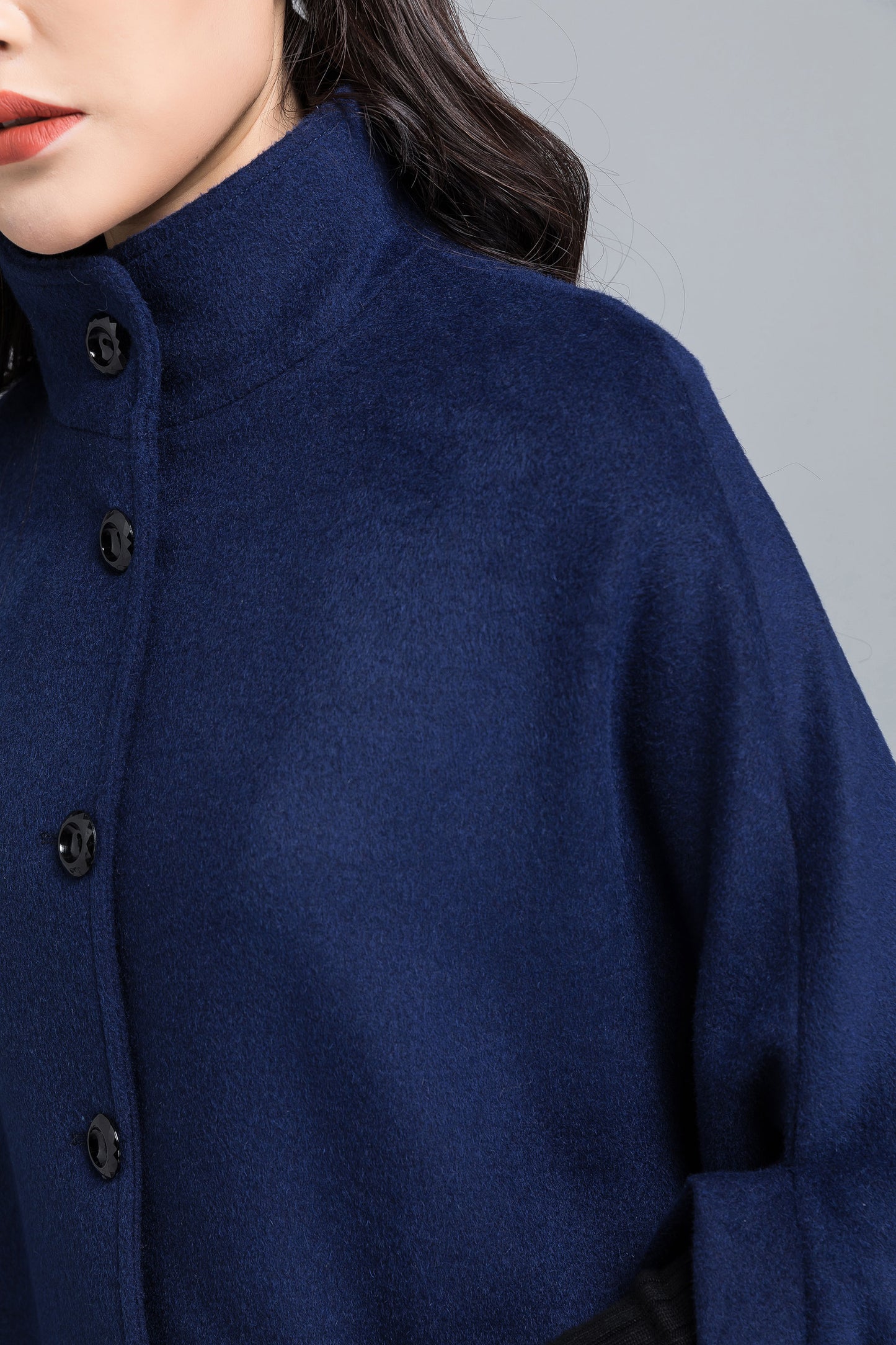 Women's Navy Wool Blend Cape – Button Front Winter Cloak with Structured Collar 2486