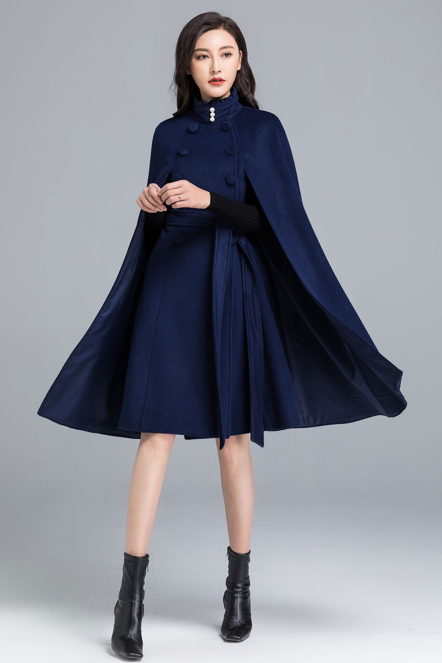 Winter Wool Cape Coat Women, Long Wool Cape with stand collar 2487