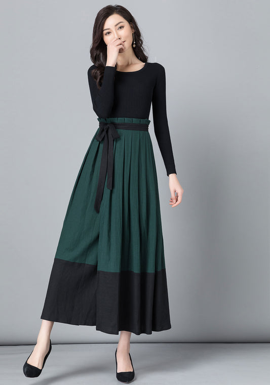 Handmade Wool Wrap Maxi Skirt – Dark Green & Black Color-Block | Xiaolizi 2537