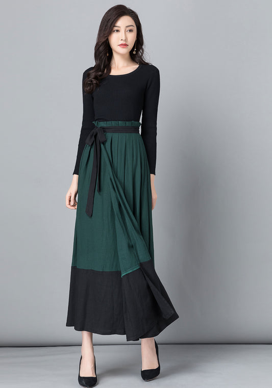 Handmade Wool Wrap Maxi Skirt – Dark Green & Black Color-Block | Xiaolizi 2537