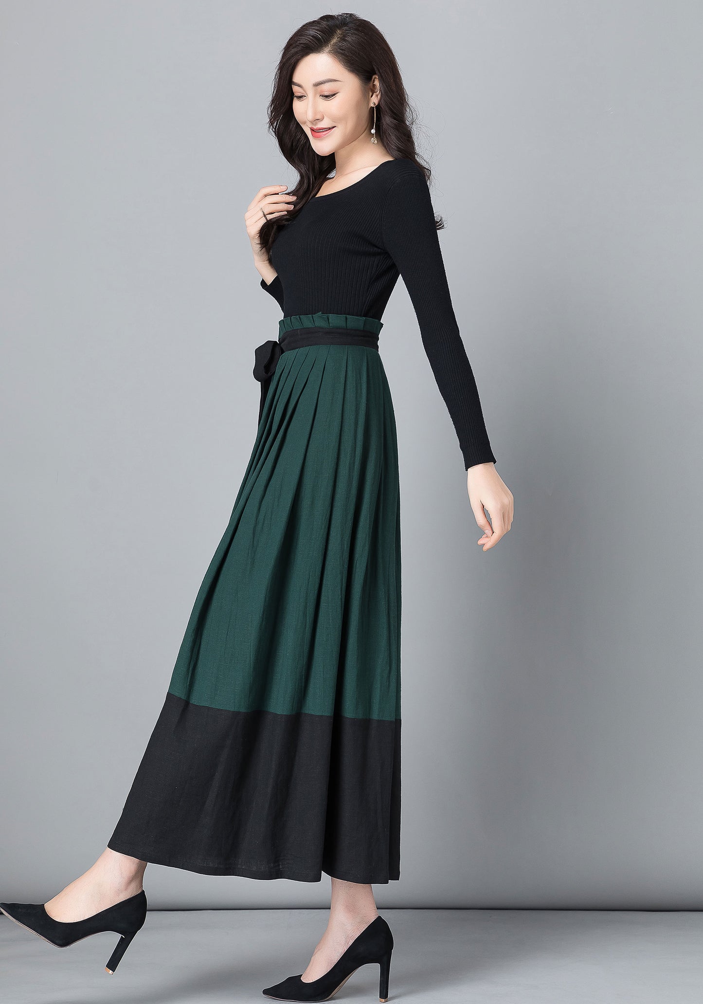 Handmade Wool Wrap Maxi Skirt – Dark Green & Black Color-Block | Xiaolizi 2537