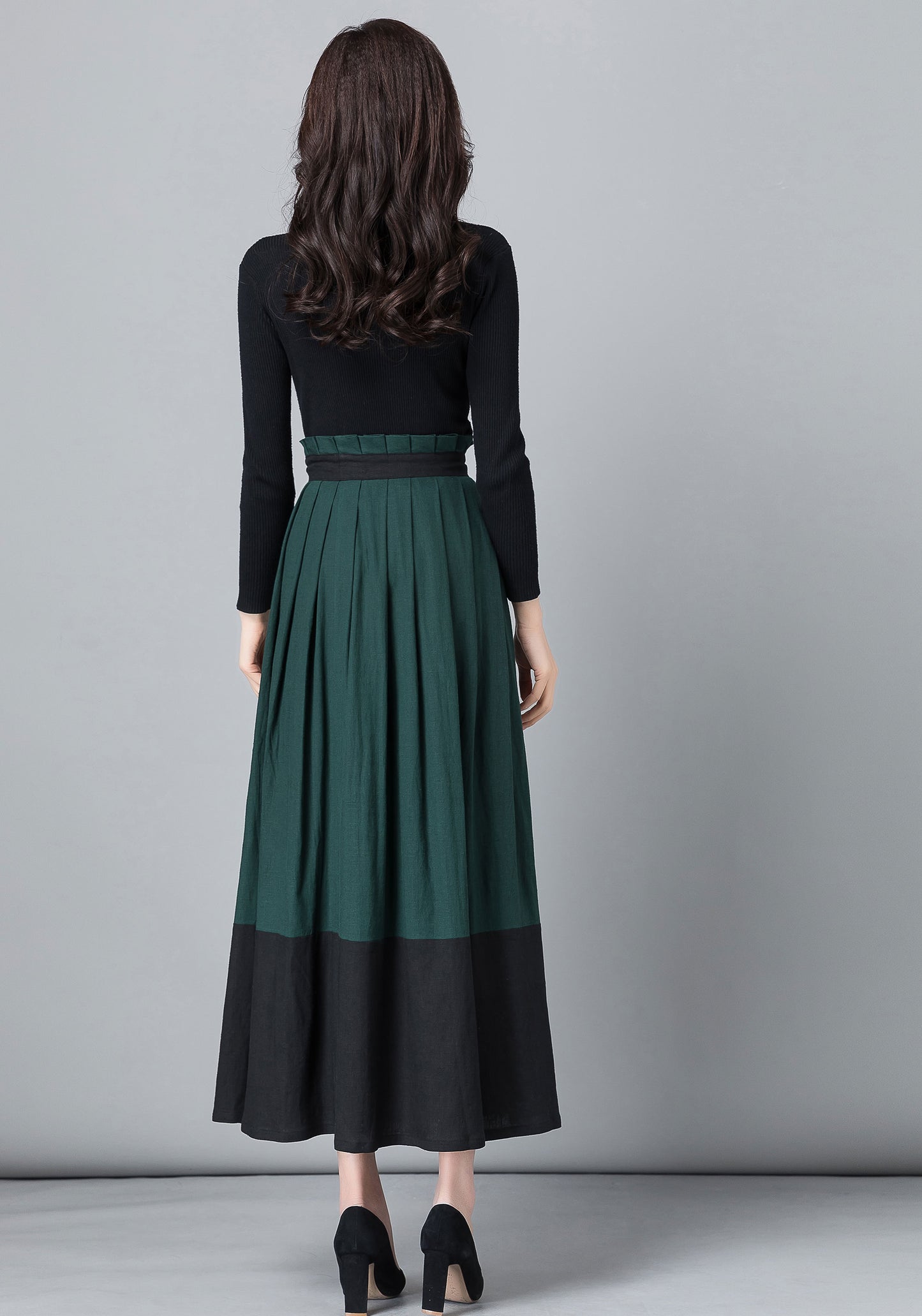 Handmade Wool Wrap Maxi Skirt – Dark Green & Black Color-Block | Xiaolizi 2537