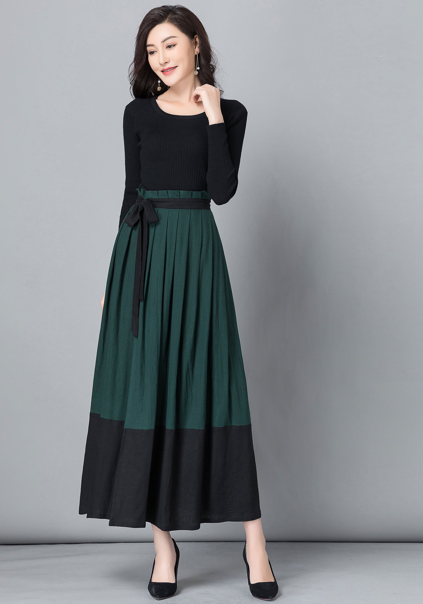 Handmade Wool Wrap Maxi Skirt – Dark Green & Black Color-Block | Xiaolizi 2537