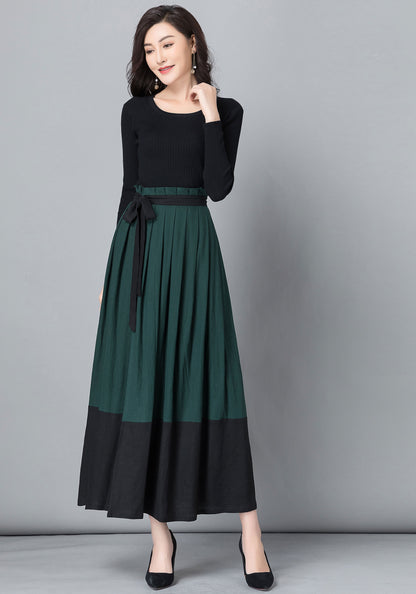 Handmade Wool Wrap Maxi Skirt – Dark Green & Black Color-Block | Xiaolizi 2537
