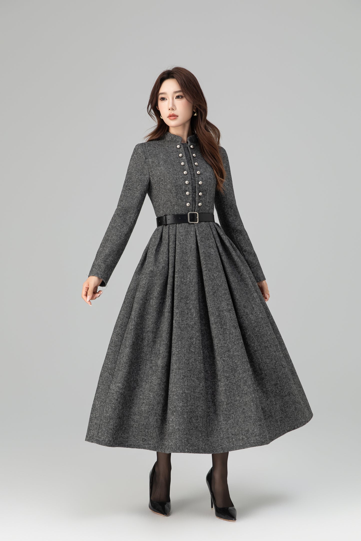 Vintage Wool-Blend Plaid Maxi Dress – Long Sleeve, Warm & Elegant 6389