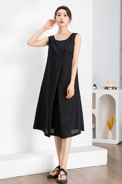 Black Linen Midi Dress - Sleeveless with Belted Waist 4241